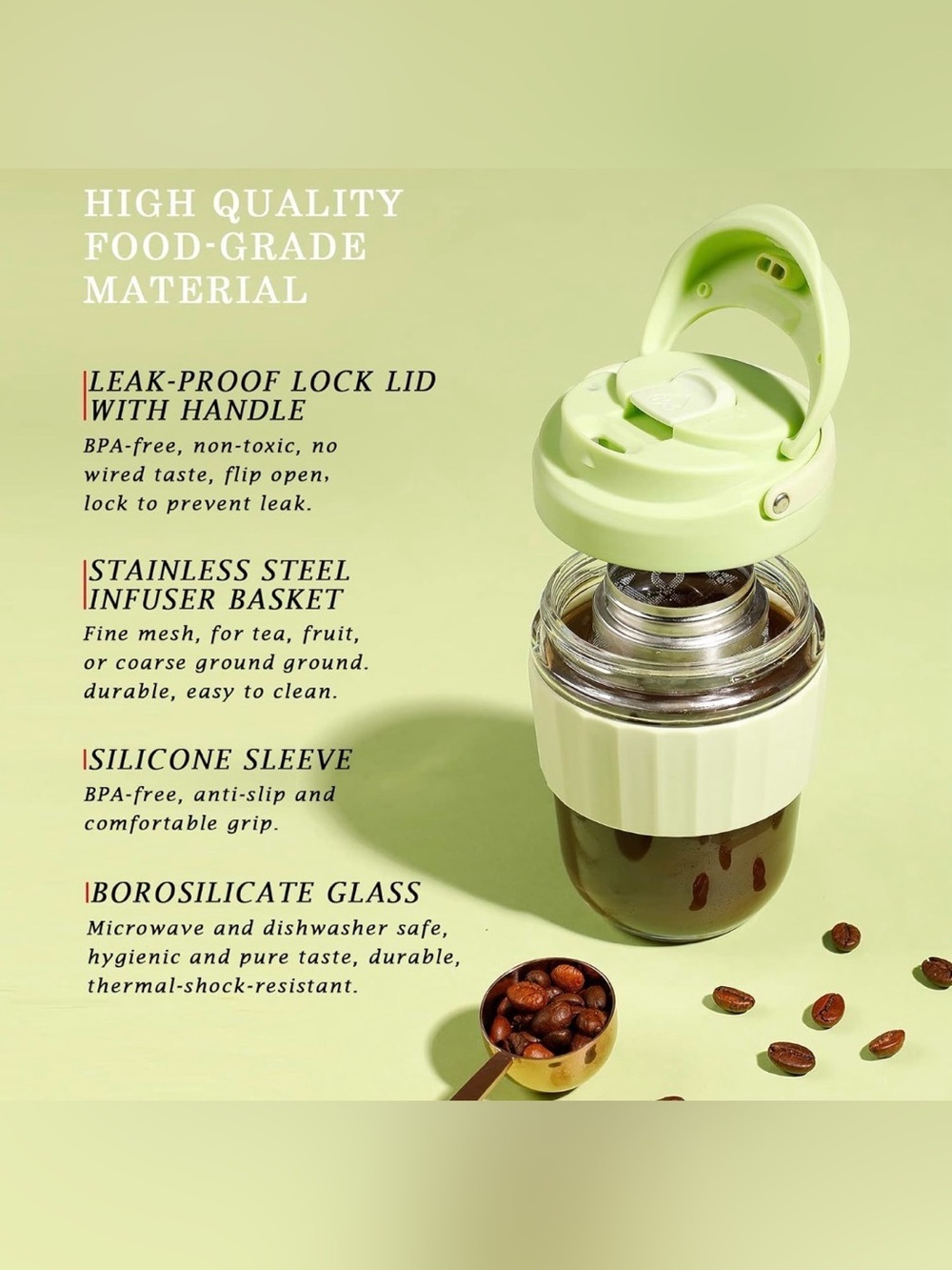 Leak-Proof Glass Tumbler with Stainless Steel Filter - Mint Green 340 Ml/12OZ